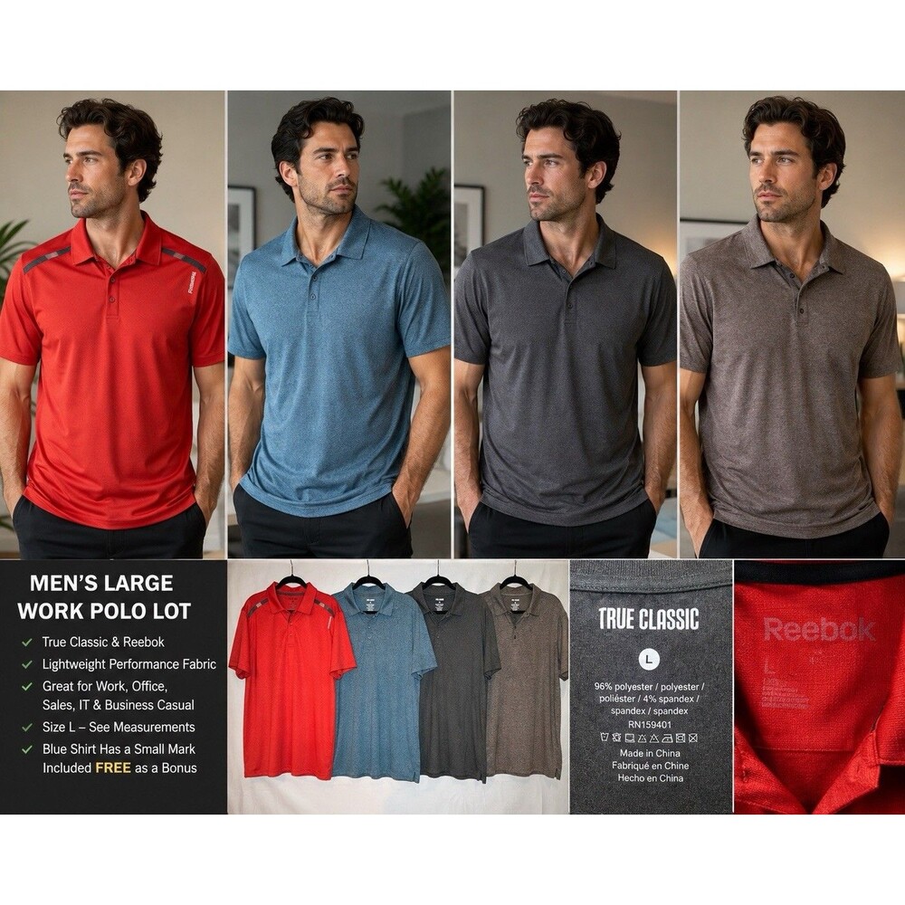 Men’s L Work Polo Shirt Lot True Classic Reebok Business Casual + Bonus